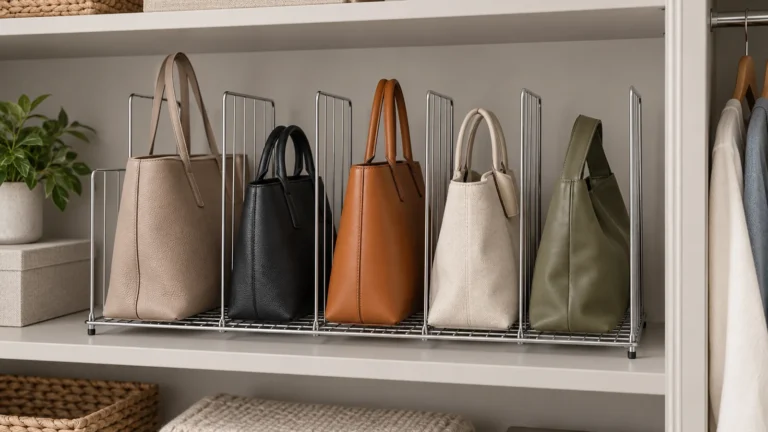 Conceptual metal handbag shelf organizer with open divider bays for different bag sizes