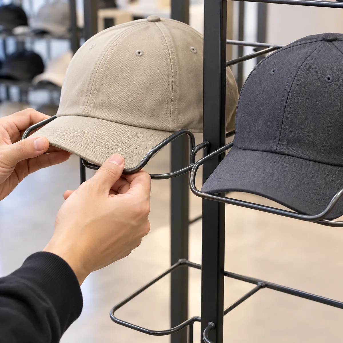 Buyer checks brim width and curvature against a metal cap-rack slot