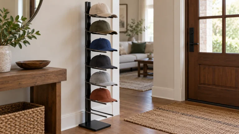 Conceptual metal baseball cap rack with brim slots for a buyer-selected cap assortment