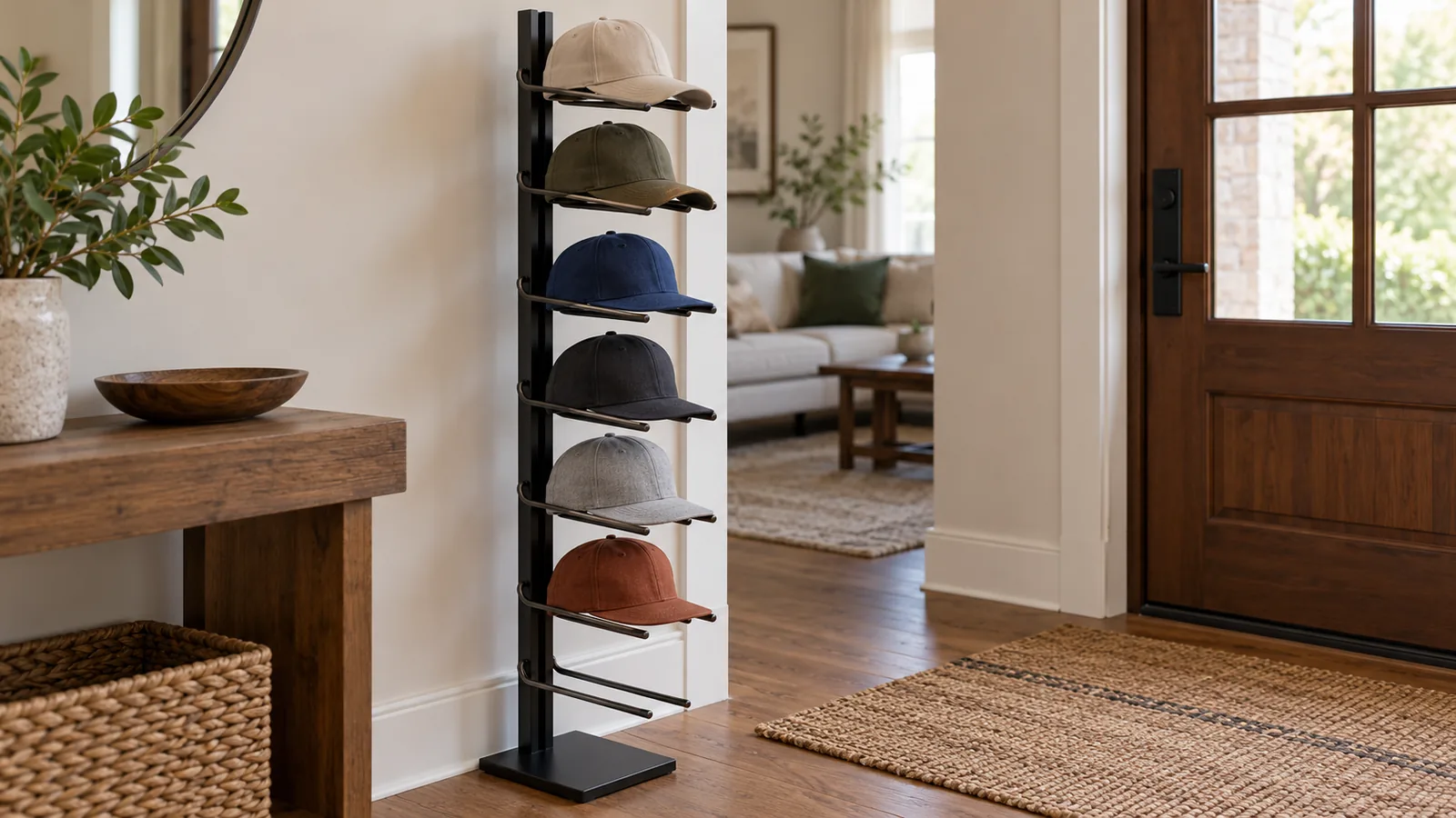 Conceptual metal baseball cap rack with brim slots for a buyer-selected cap assortment