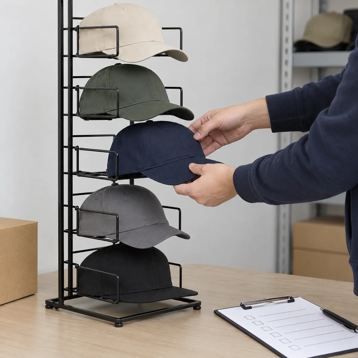 Importer reviews cap-slot spacing and retrieval on a metal rack sample