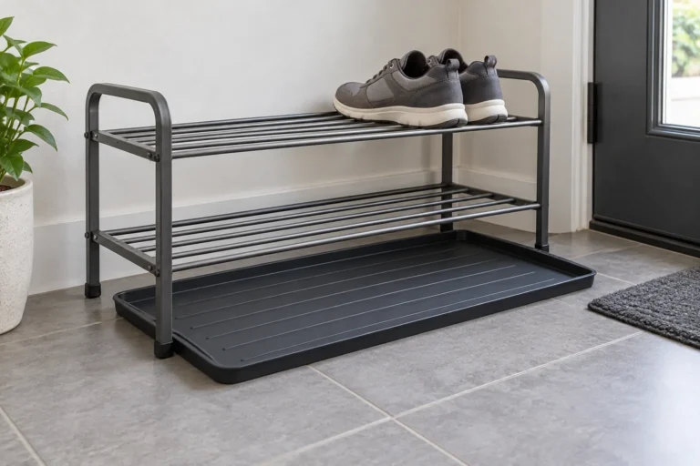 Conceptual metal shoe rack standing over a separate shallow drip tray