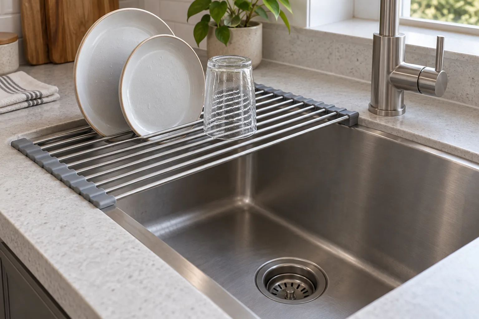 Conceptual roll-up drying rack resting across the ledges of a single-bowl kitchen sink