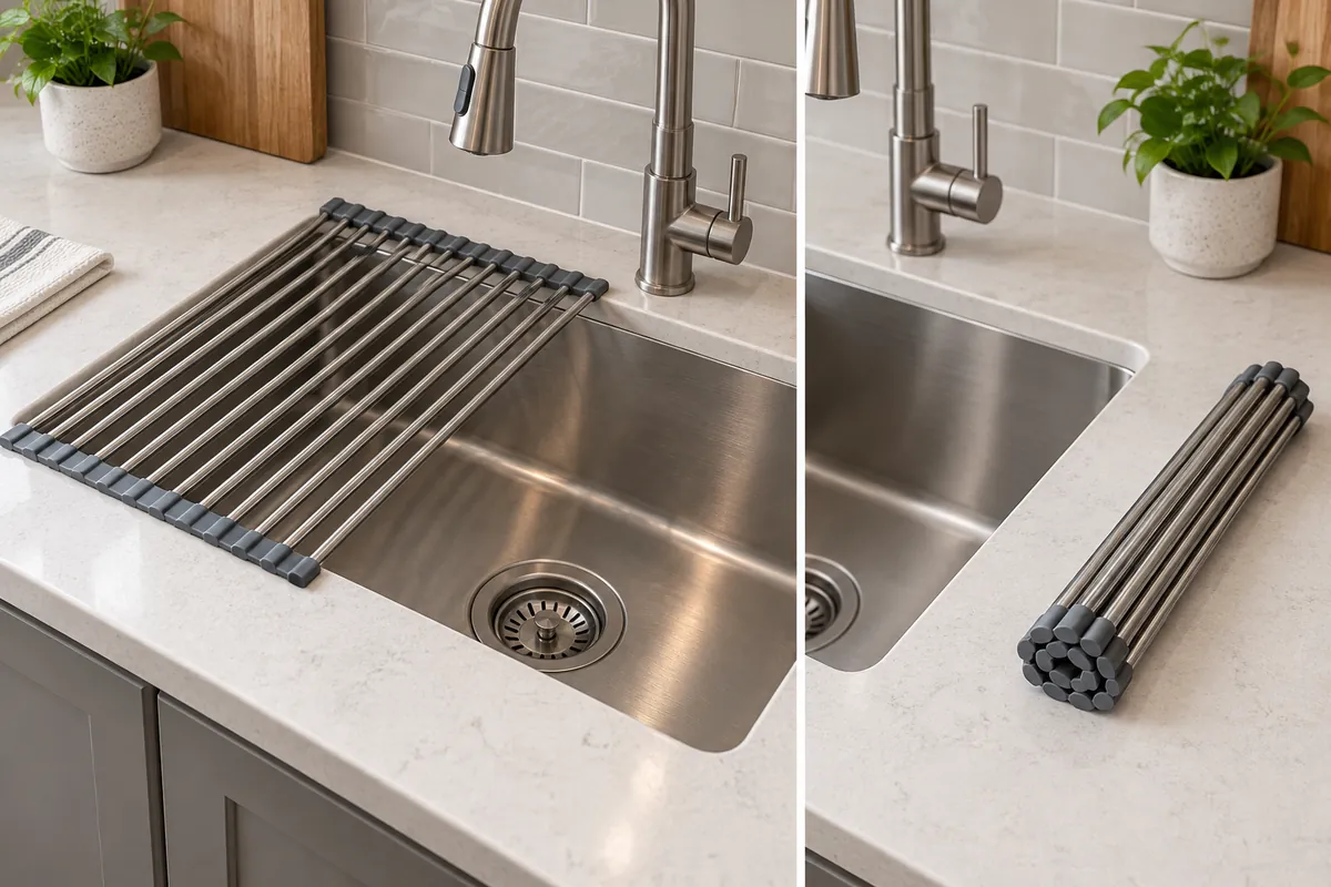 Roll-up rack shown spanning a sink and rolled beside it after removal