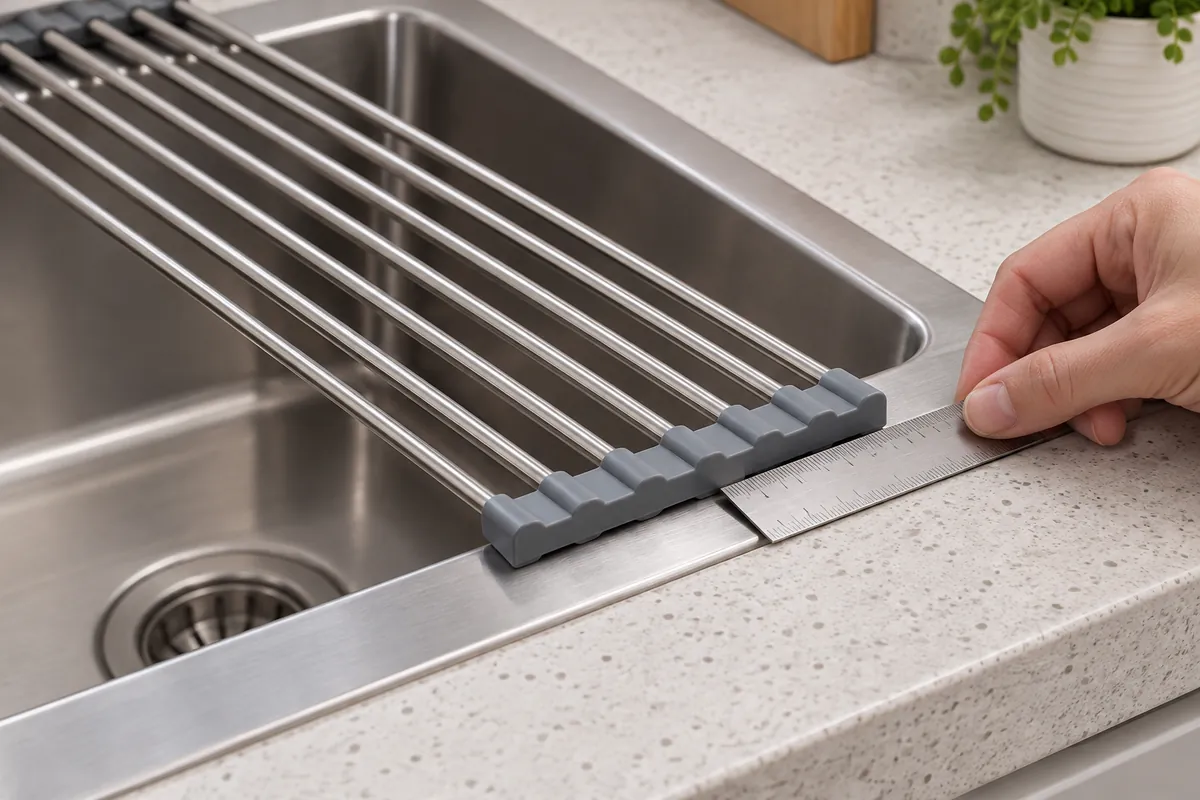 Close-up review of one end of a roll-up rack resting on a sink ledge