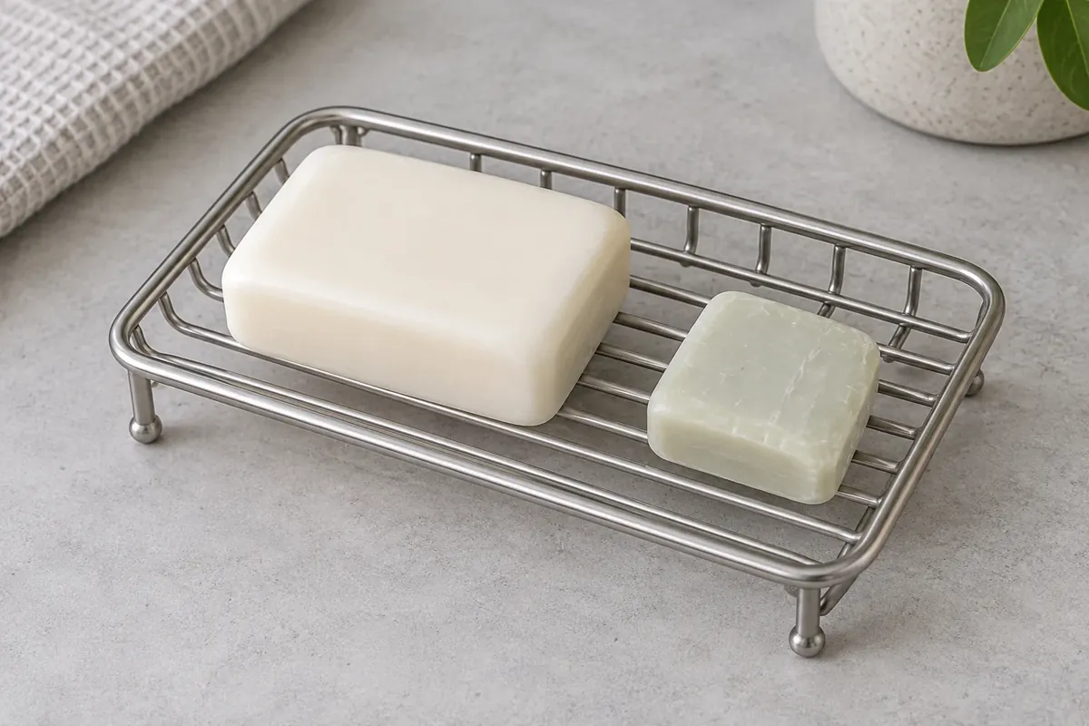 Conceptual wire soap dish holding full-size and partly used reference bars