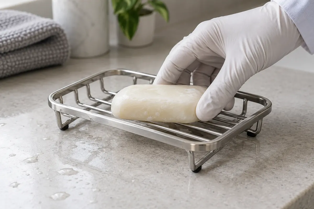 Buyer-side sample review of a partly used bar on a conceptual wire soap dish