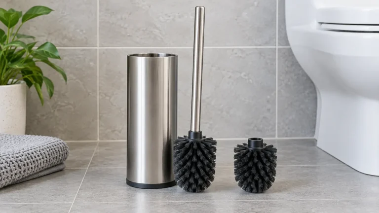 Conceptual toilet brush holder set with a separate replacement brush head