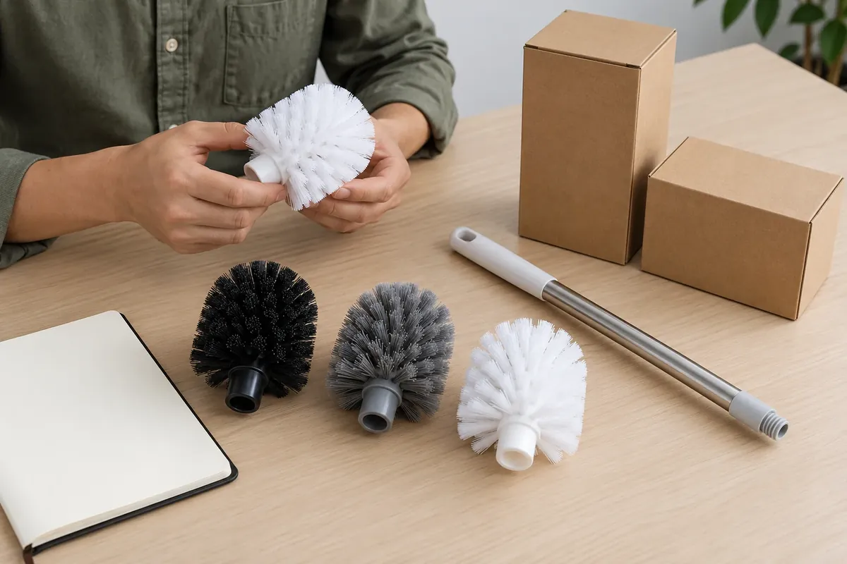 Importer reviewing separate toilet brush replacement samples and an unmarked holder set
