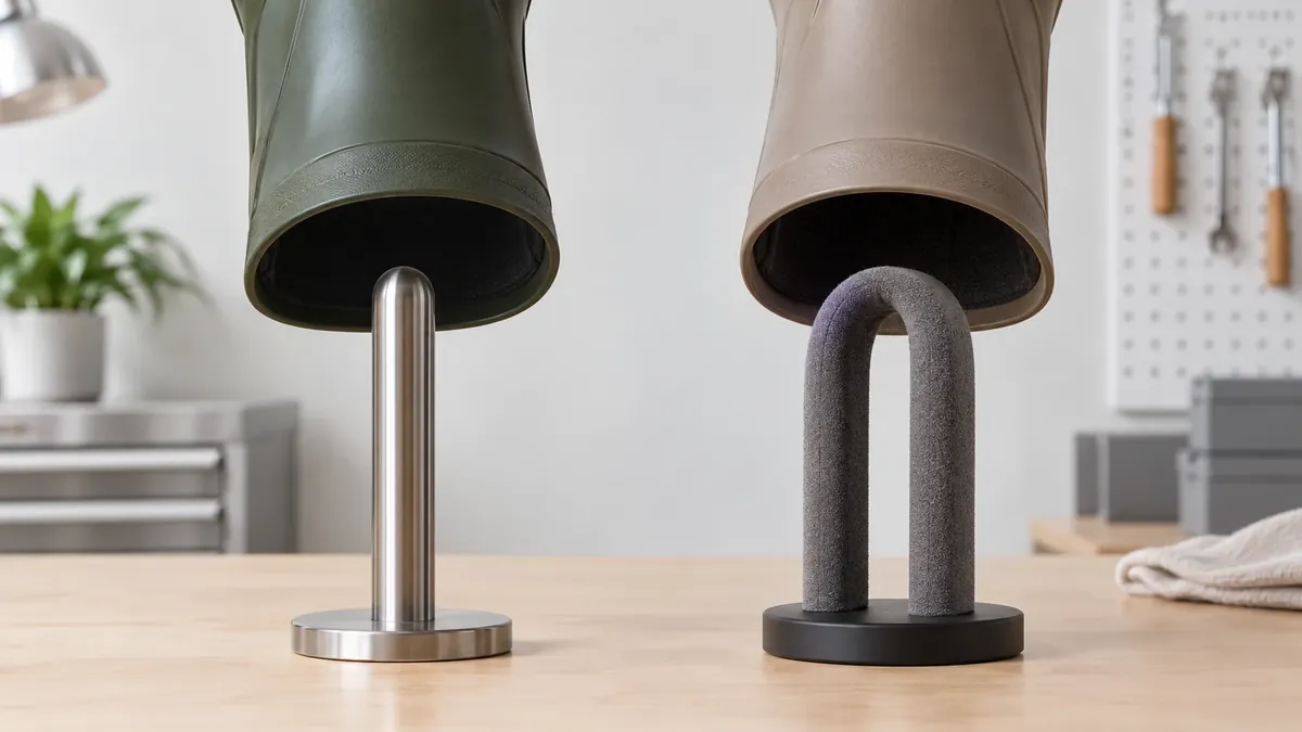 Conceptual comparison of a rounded metal post and a soft loop supporting inverted boot shaft openings