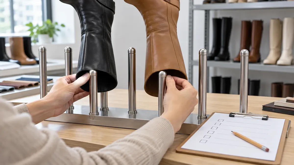 Buyer comparing boot shaft fit and removal clearance on a conceptual inverted boot rack sample