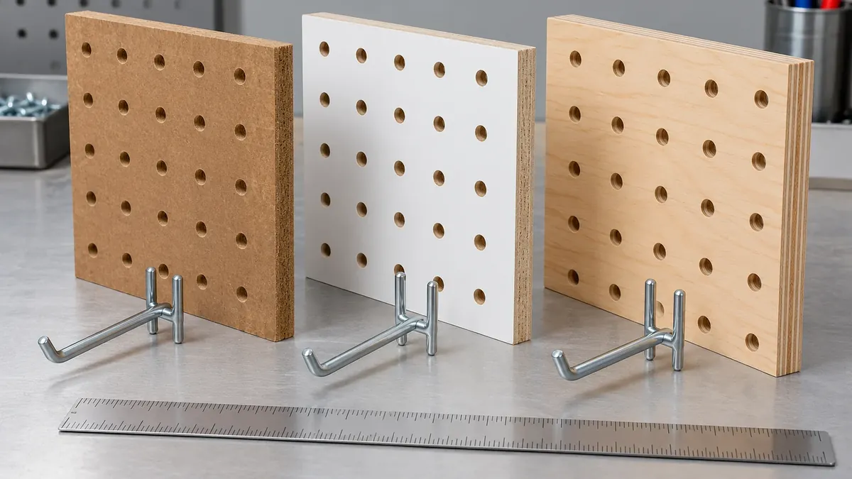 Generic board samples and plain metal hooks illustrating the need to match board thickness and hole interface
