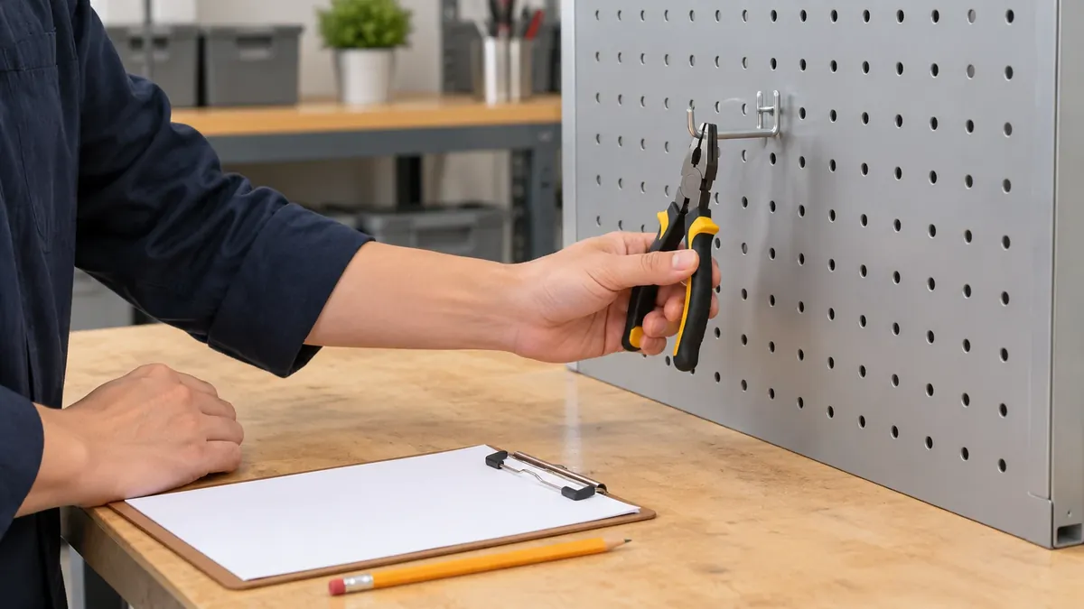 Buyer gently removing a tool from a hook on an unbranded pegboard sample while recording fit observations