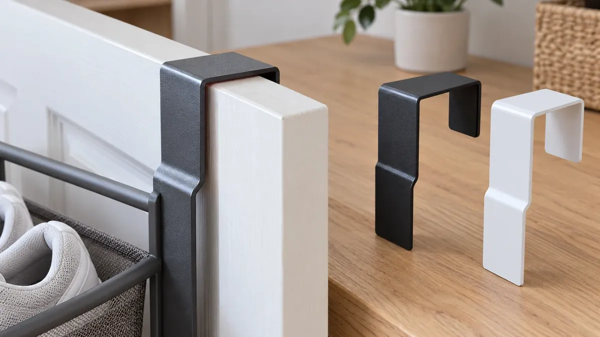 Conceptual over-door rack bracket beside a door edge and alternate bracket samples
