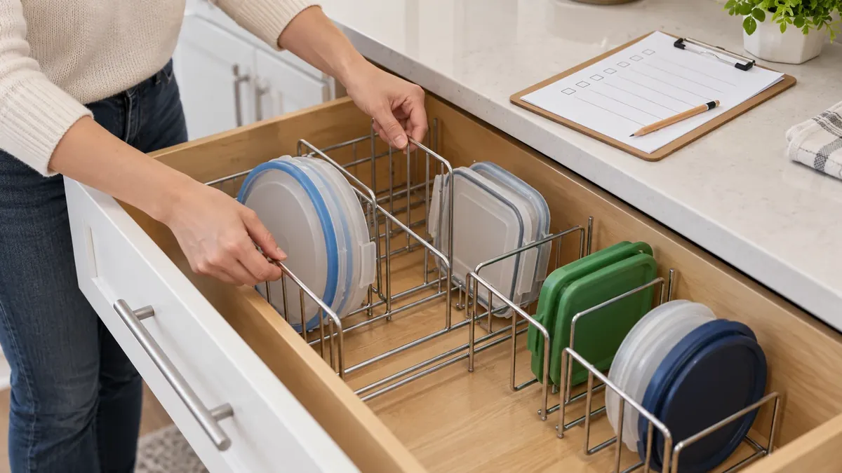 Buyer repositioning a metal divider and checking mixed food-container lid retrieval in an open drawer