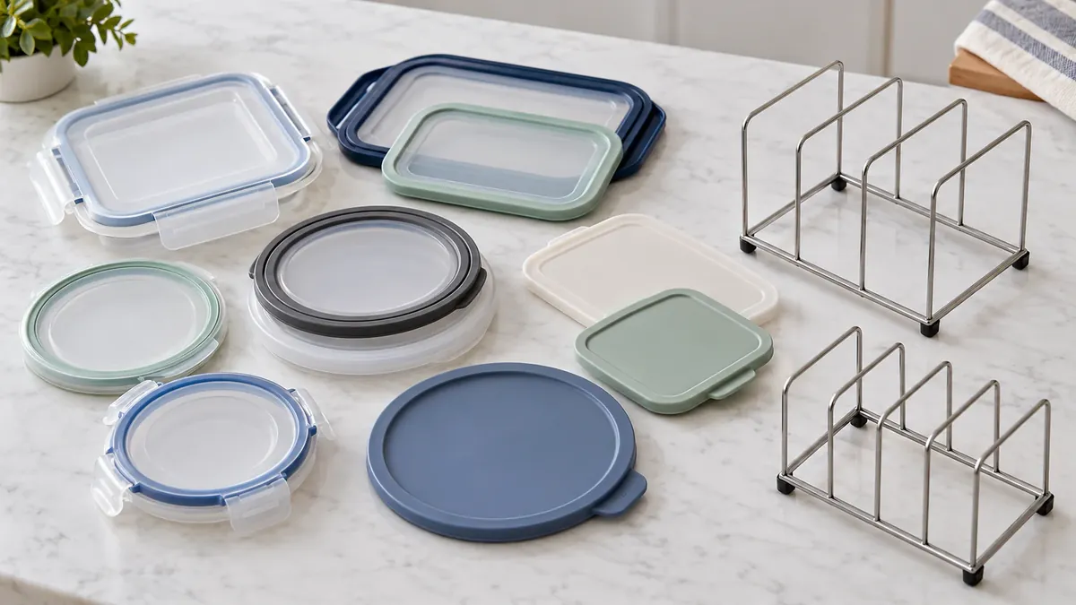 Mixed round and rectangular food-container lid samples beside conceptual metal dividers