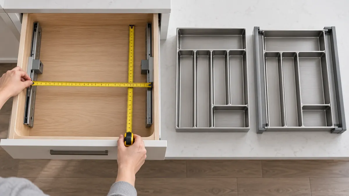 Buyer checks drawer width and slide clearance before specifying a metal cutlery tray