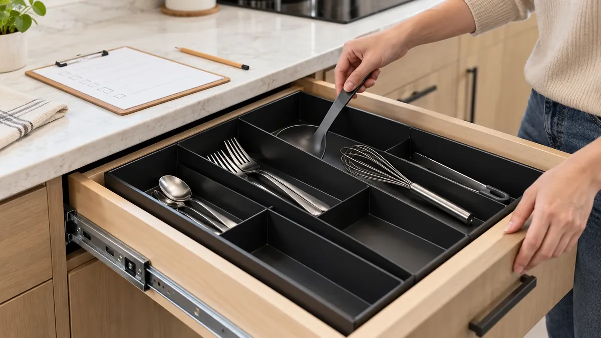 Buyer checks long serving utensil retrieval and compartment fit in a conceptual metal cutlery tray