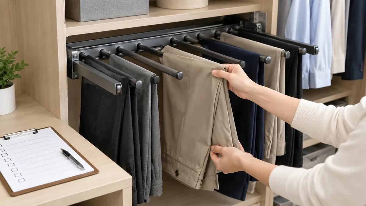 Buyer checks access to a middle garment and neighboring bars on a loaded pull-out rack