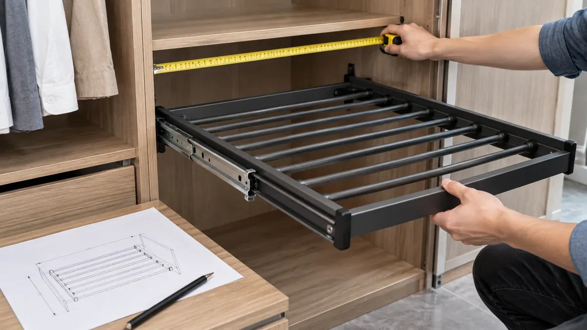 Buyer checks cabinet opening, pull-out rack width and extension path