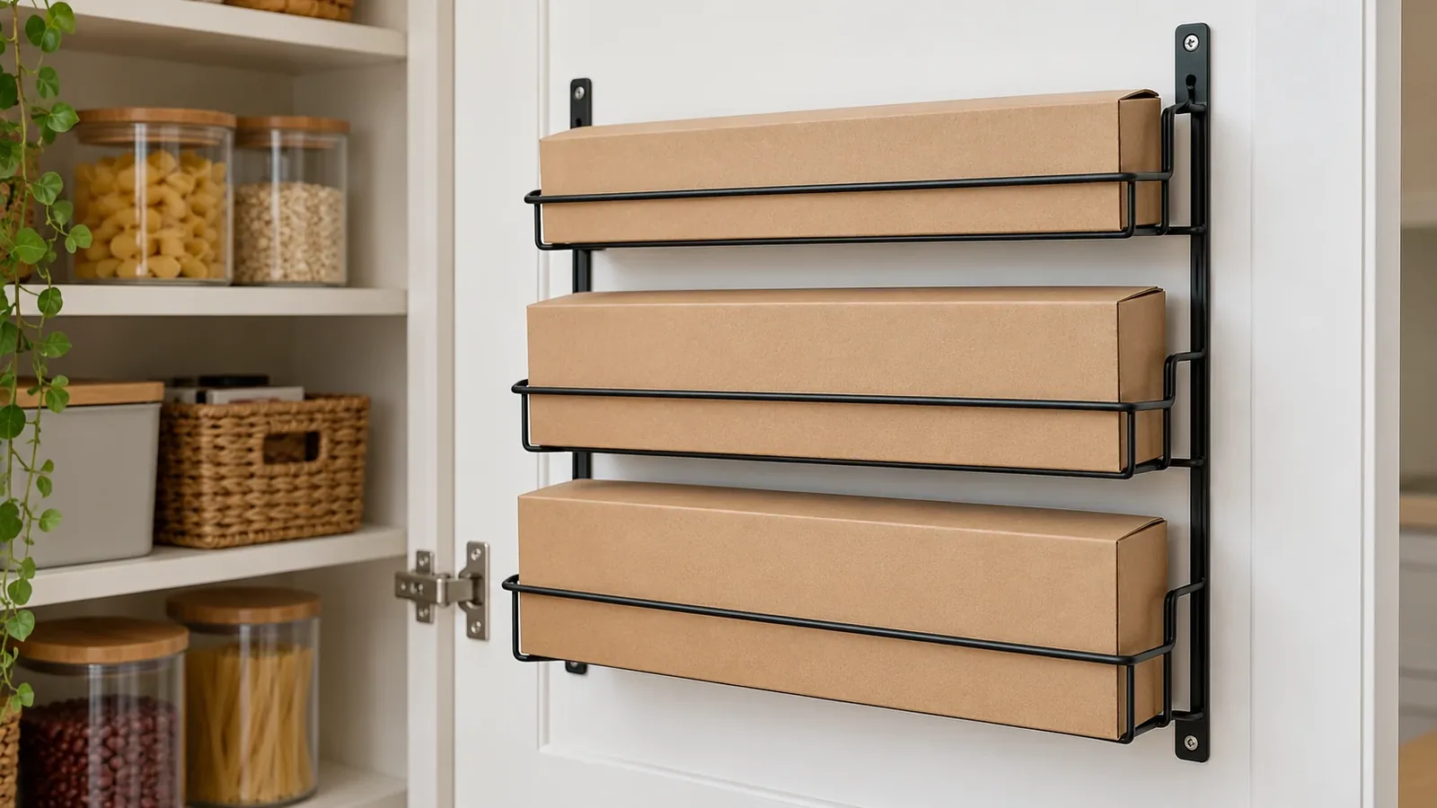 Metal kitchen wrap box rack holding cartons in a pantry