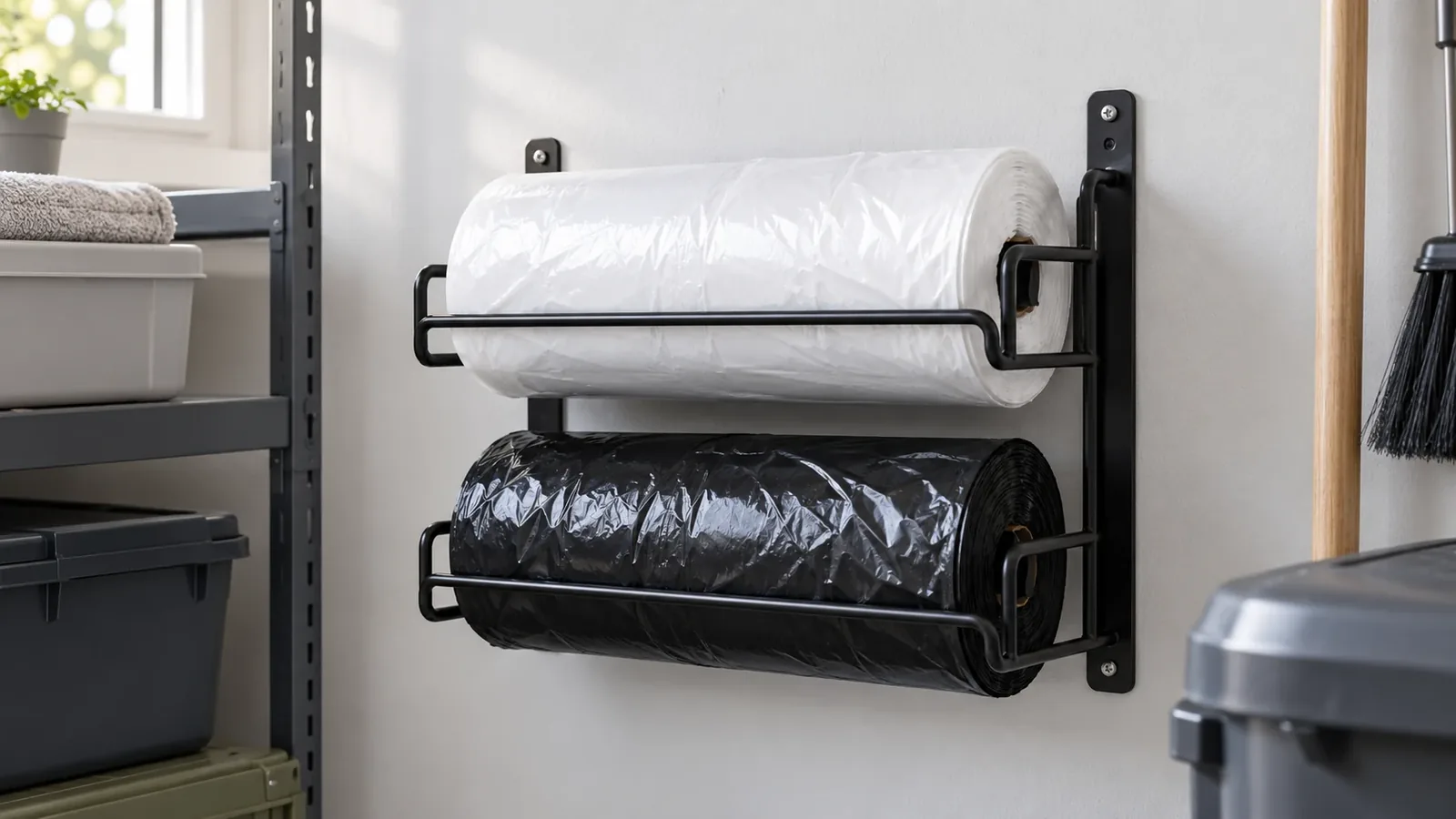 Metal trash-bag roll holder concept shown beside a measured bag roll in a utility room