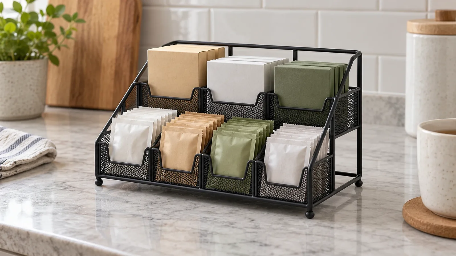 Metal tea-bag organizer rack holding assorted tea cartons and wrapped sachets