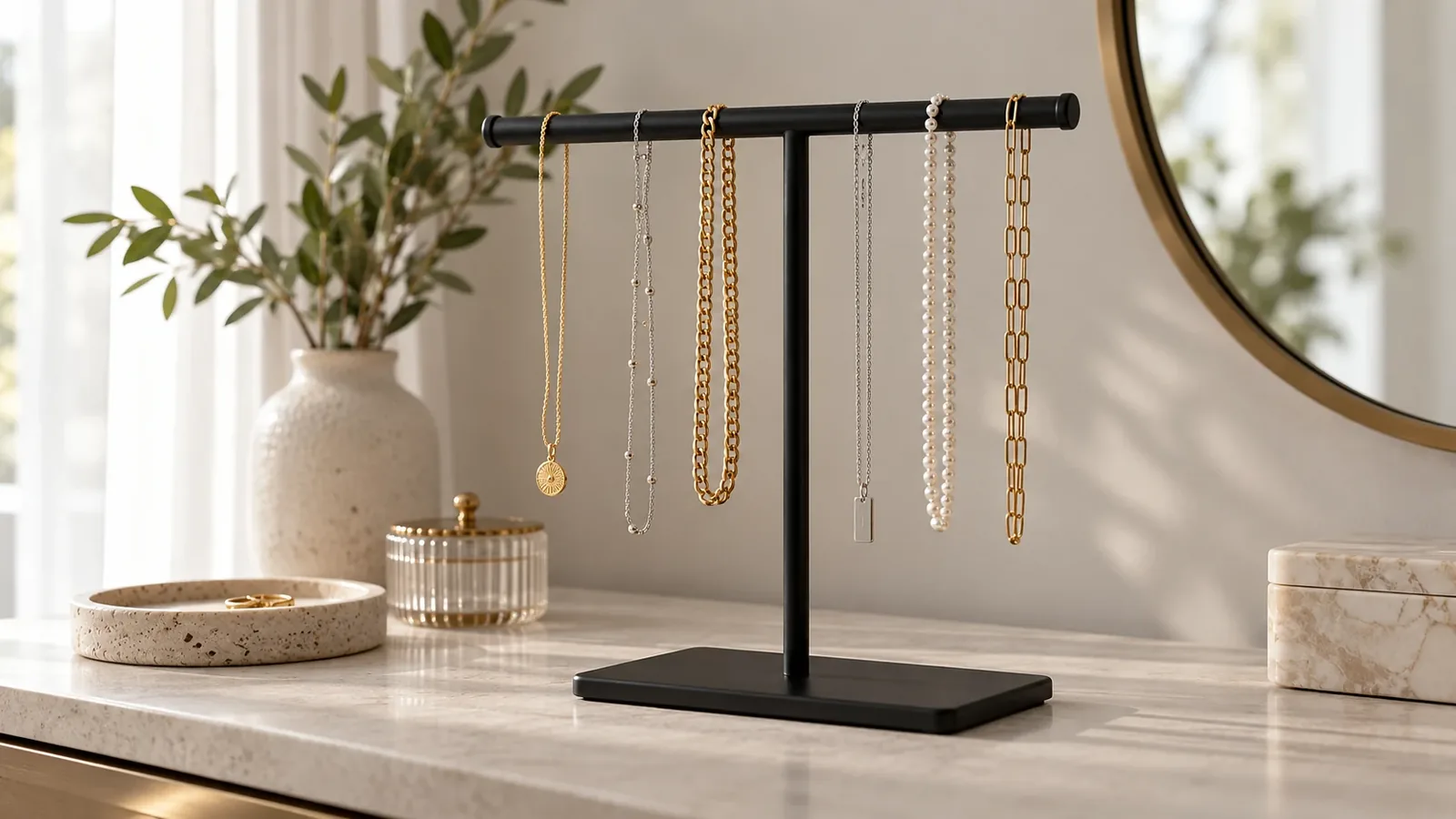 Metal necklace organizer stand with chains of varied lengths and pendants