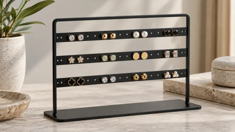 Metal earring organizer rack holding stud earrings and hoops with visible rear access