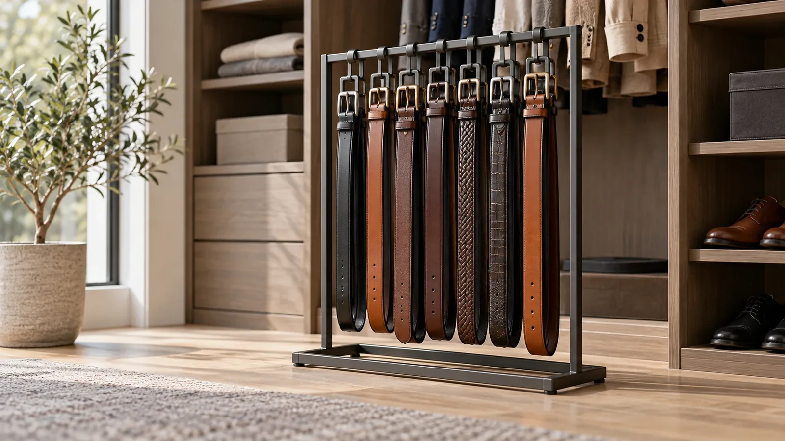 Metal closet belt rack holding belts with pin and oversized flat buckles