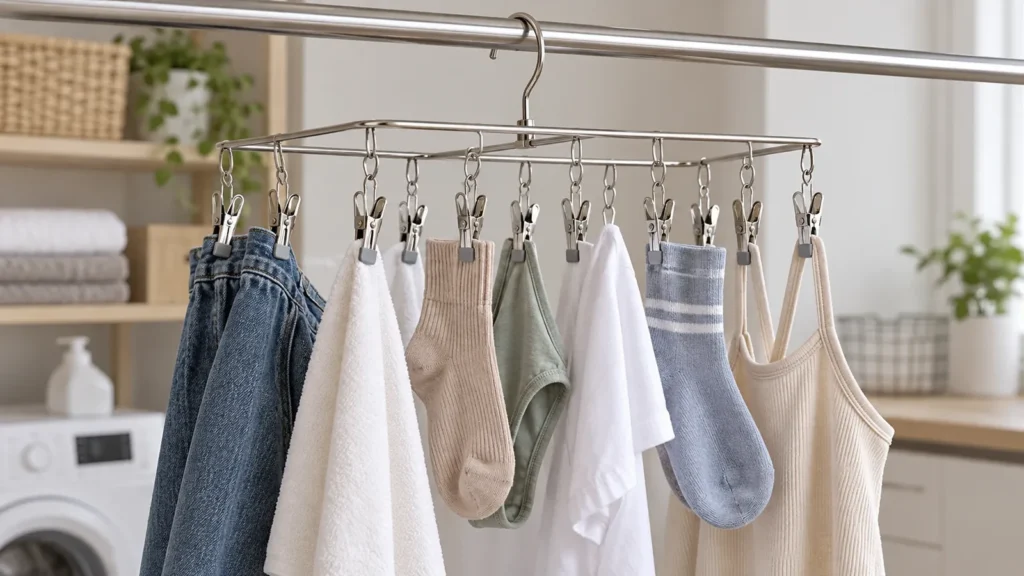 Multi-clip laundry hanger with socks attached, showing the clips and frame connections