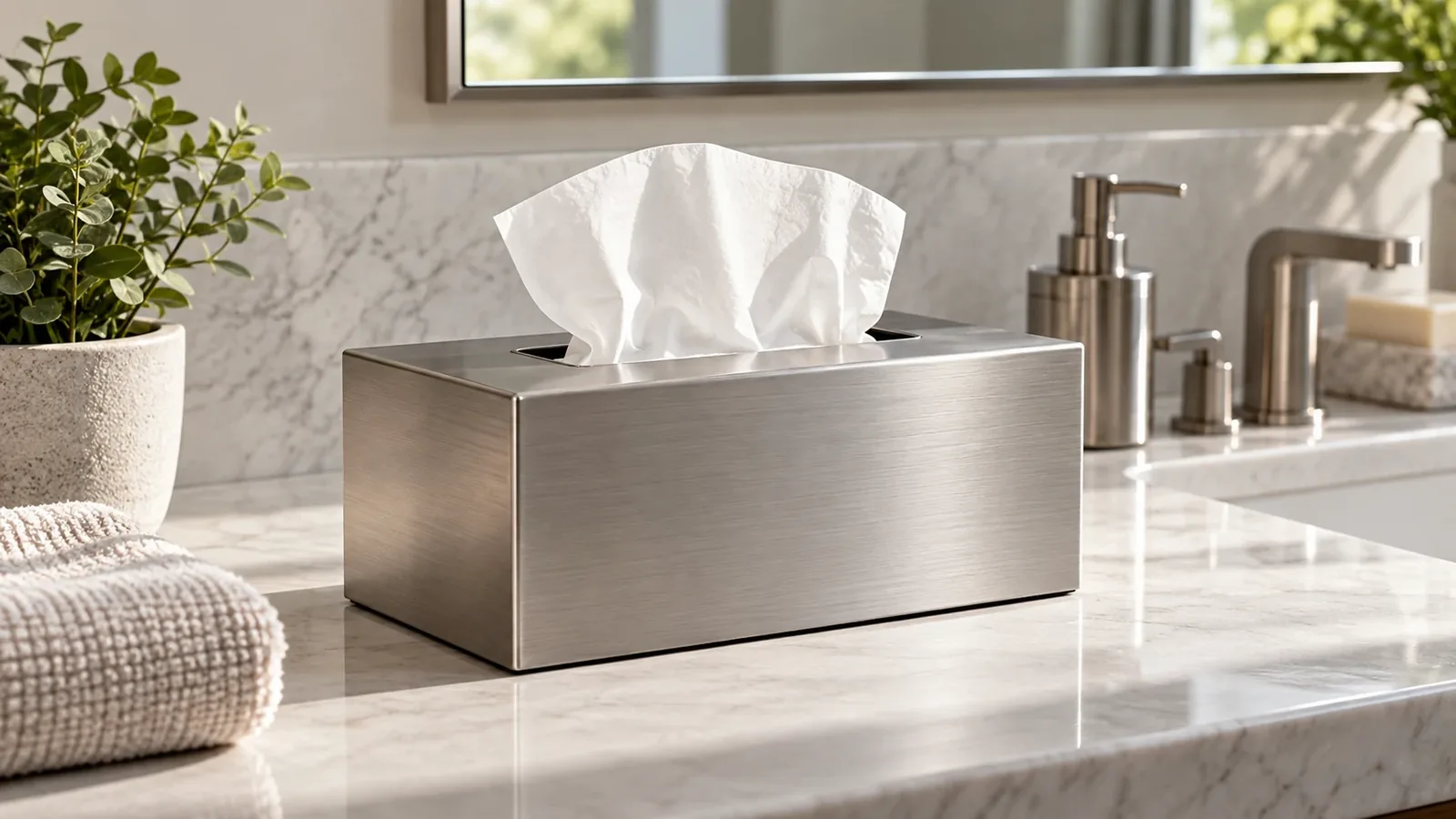 Metal tissue case shown with a measured facial-tissue carton and accessible top opening
