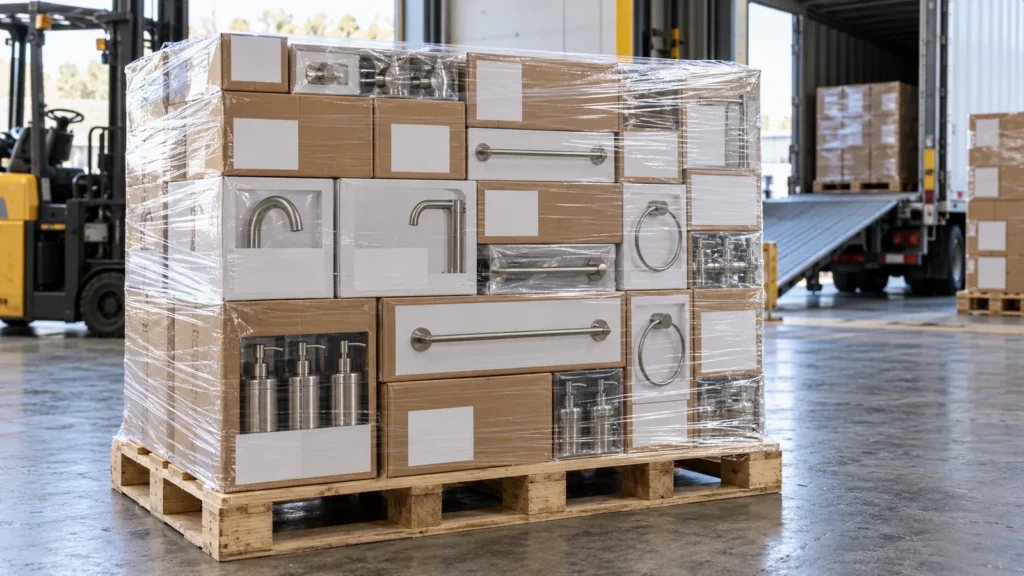 Mixed-SKU pallet plan showing labeled cartons grouped by product and layer