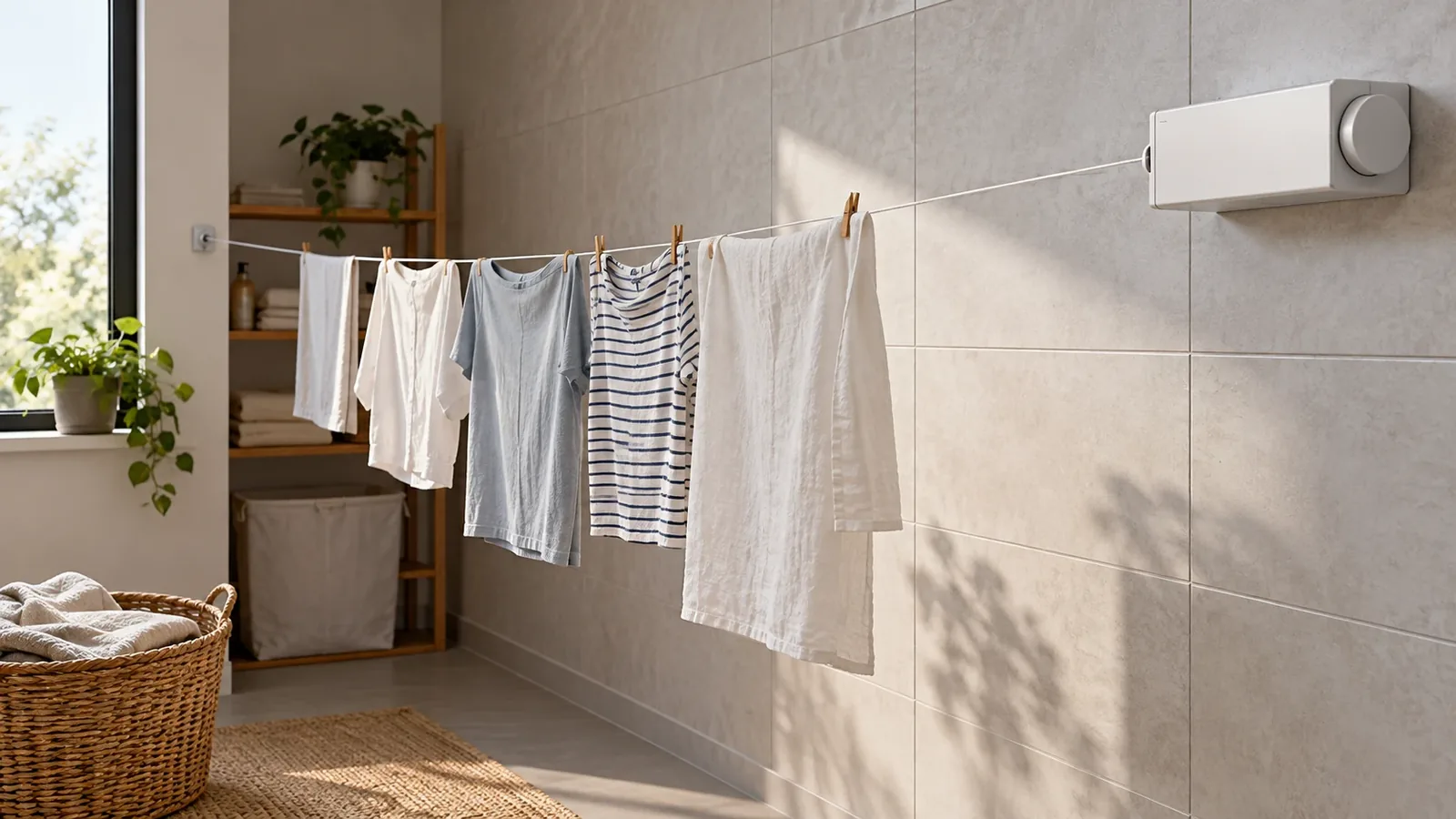 Wall-mounted retractable clothesline housing and receiver shown across a measured installation span