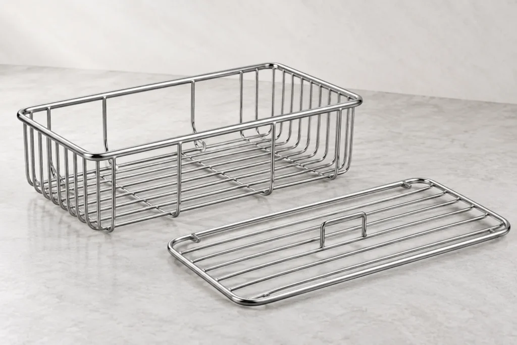 Conceptual metal wire basket with a separate fitted lid shown as a matched pair for importer review.