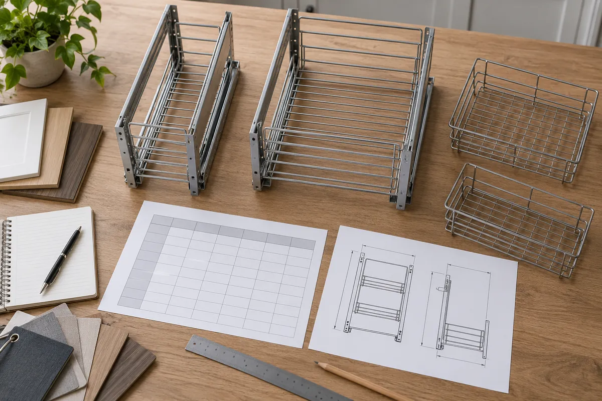 Importer planning a pantry pull-out basket assortment in a blank SKU matrix