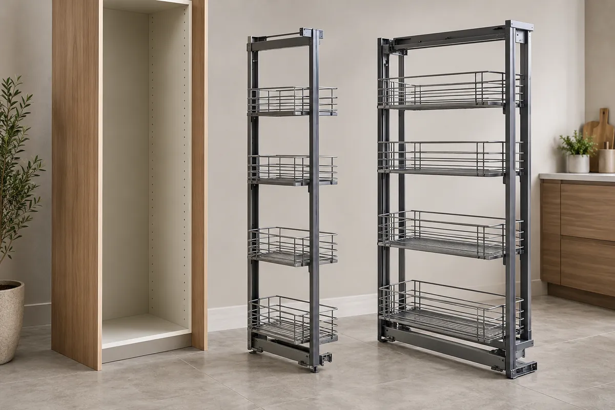 Importer comparing two pantry pull-out basket variants against a cabinet reference