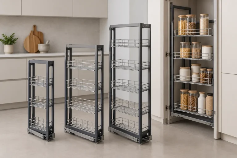 Generic pantry pull-out basket configurations shown in different frame widths beside a tall cabinet.