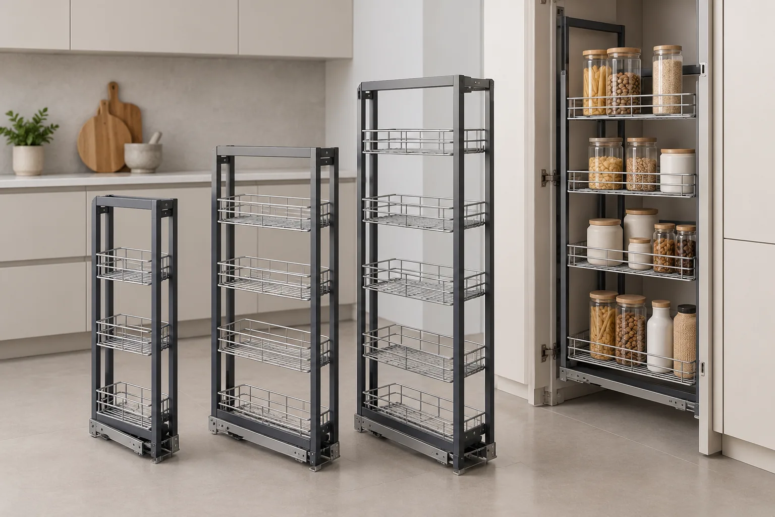 Generic pantry pull-out basket configurations shown in different frame widths beside a tall cabinet.