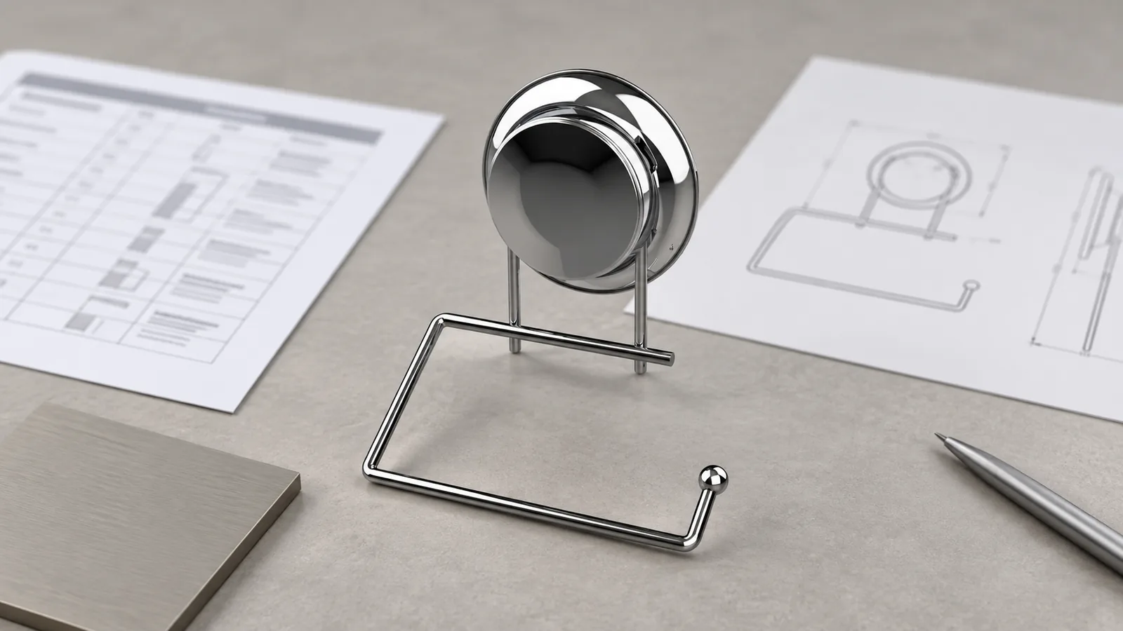 Commercial washroom accessory samples and finish references reviewed beside a room schedule