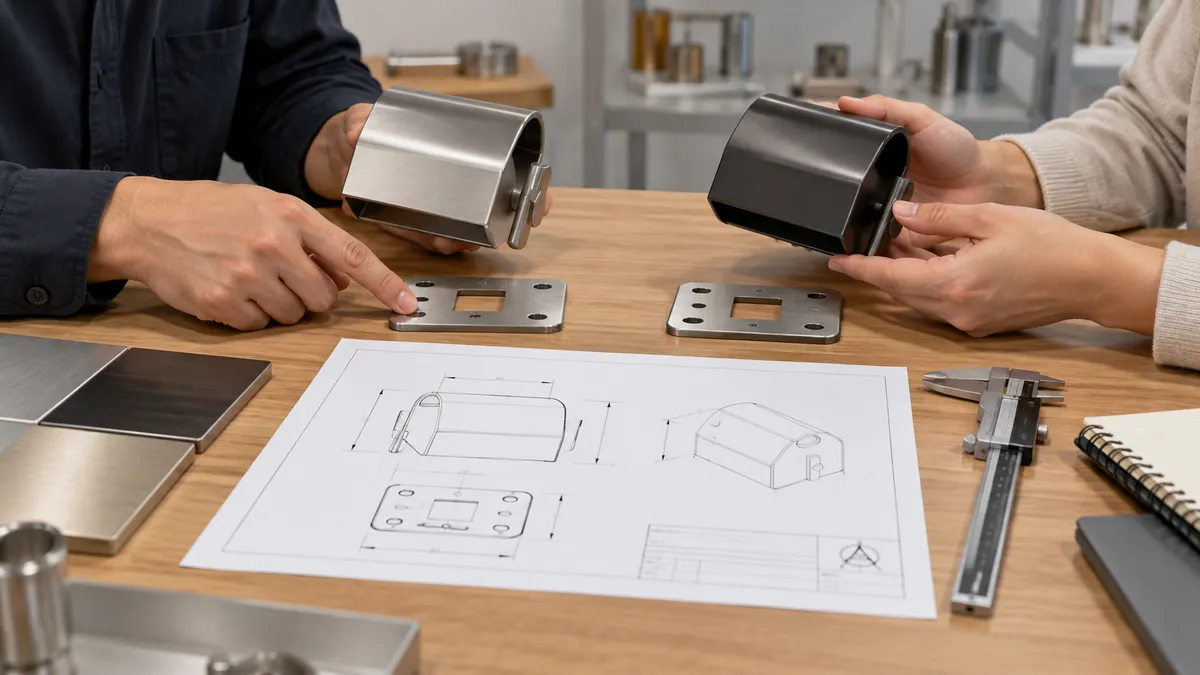 Buyer and supplier reviewing generic accessory mounting plates against a product drawing; conceptual illustration, not a Koitor product