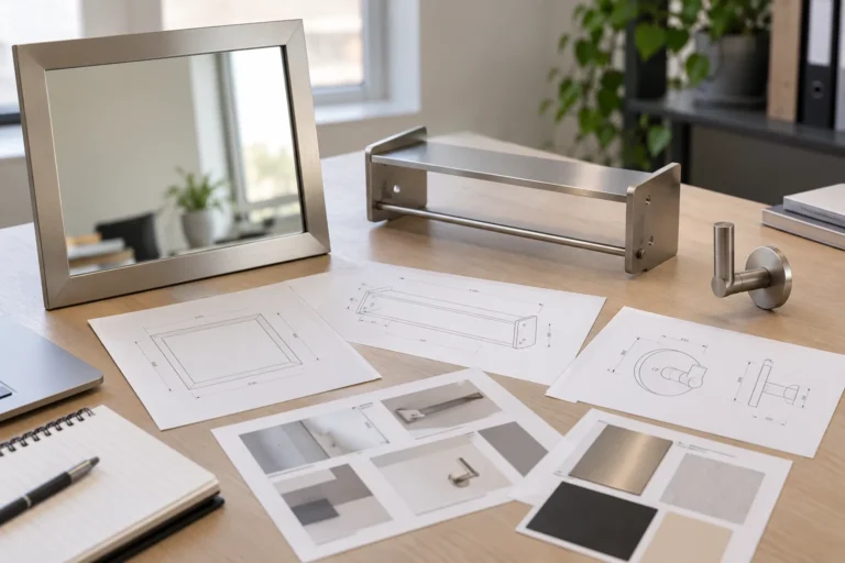 An importer compares generic mirror, shelf and hook samples with product revision drawings before reviewing an accessibility claim
