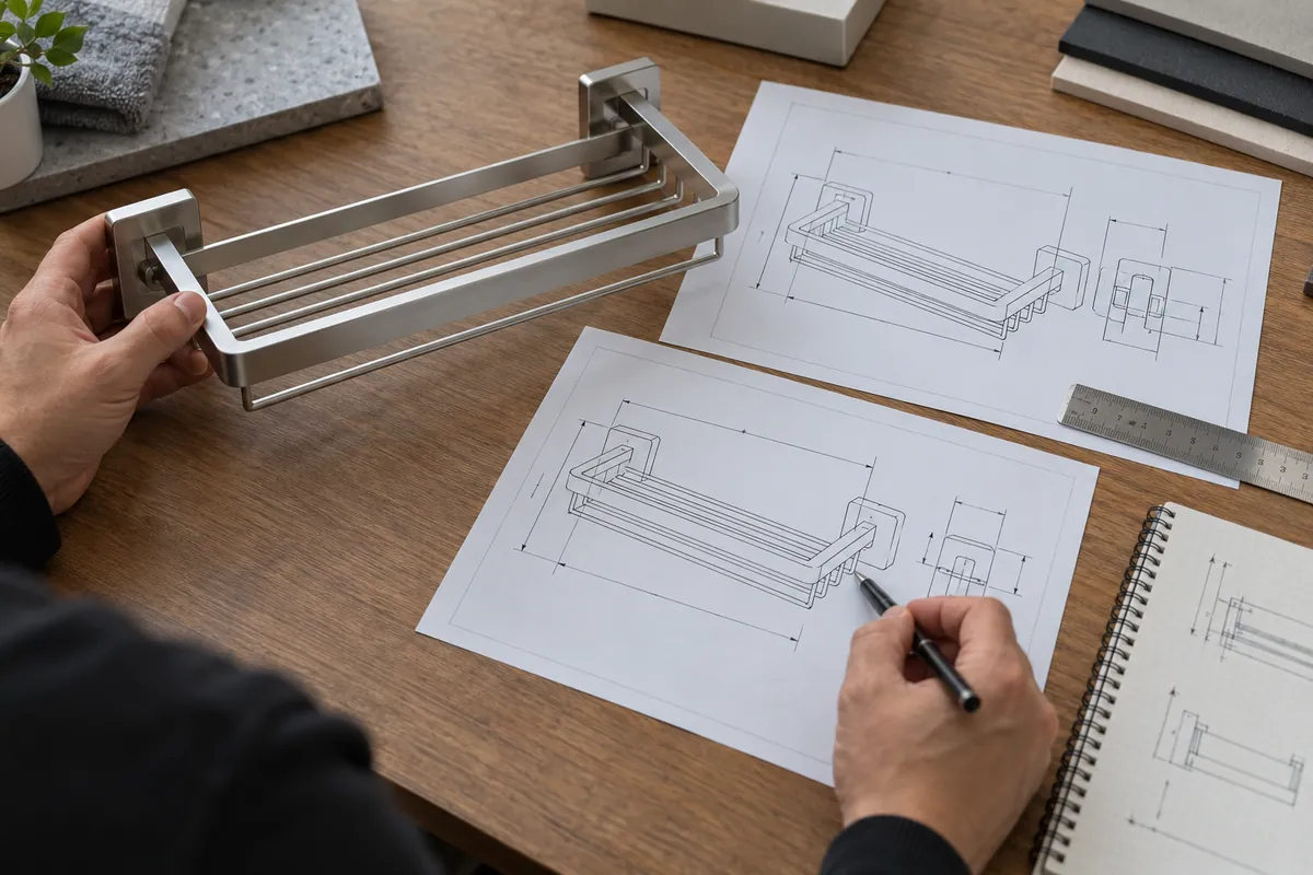 A product reviewer checks a generic bathroom shelf sample against a revision-controlled drawing and measurement notes