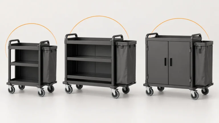 Illustrative compact, open and enclosed housekeeping-cart formats for distributor SKU planning