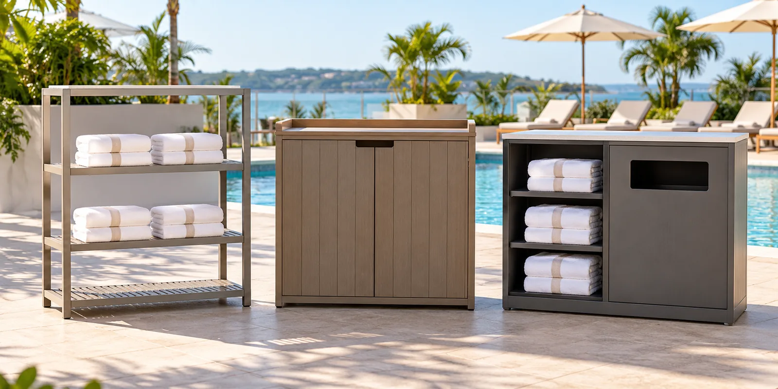 Three generic poolside towel-service concepts: open rack, clean-towel valet and separate return console