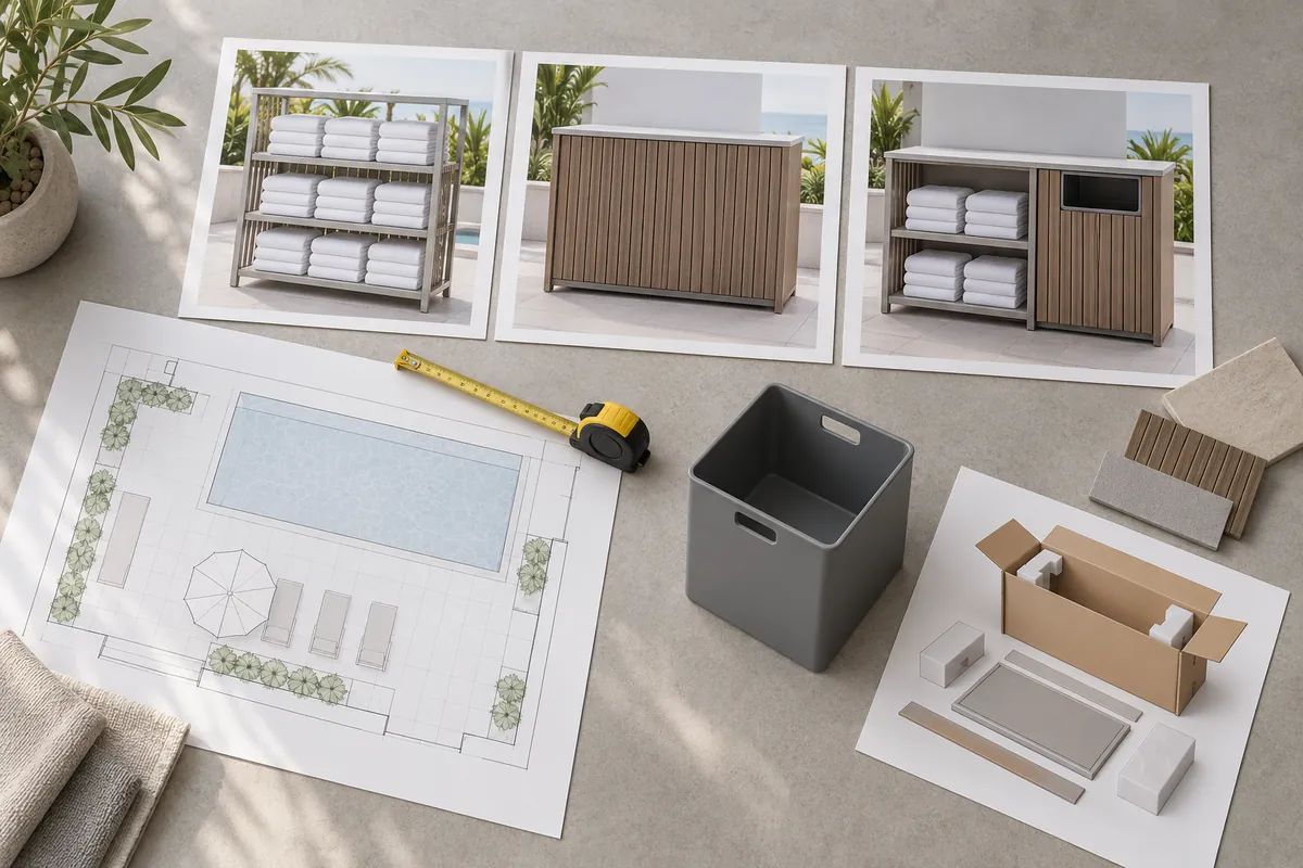 Procurement review of a generic pool towel console with separate clean storage and return-bin access