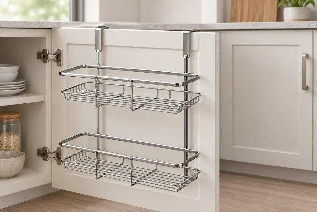 Metal over-cabinet door organizer concept shown beside a cabinet panel for importer fit review.