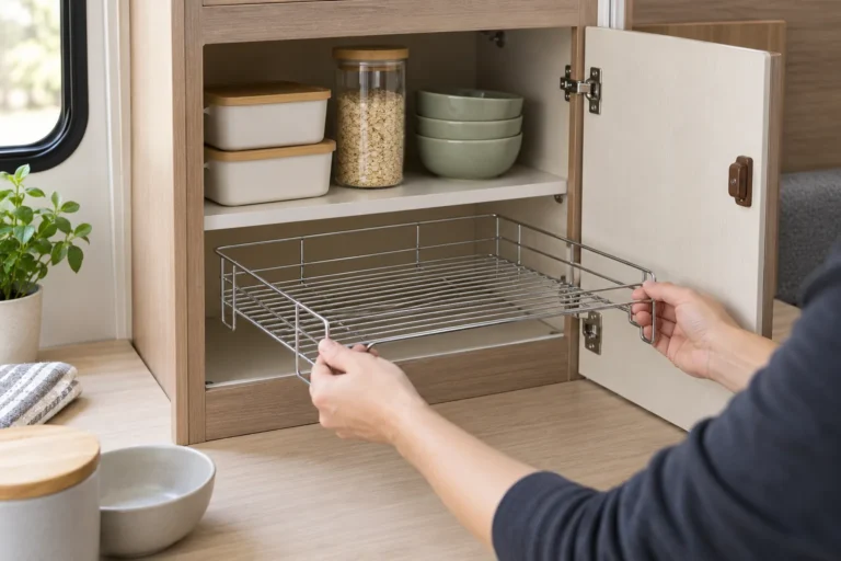 A generic metal organizer sample is measured inside a mock RV cabinet before an importer approves fit and travel-use scope