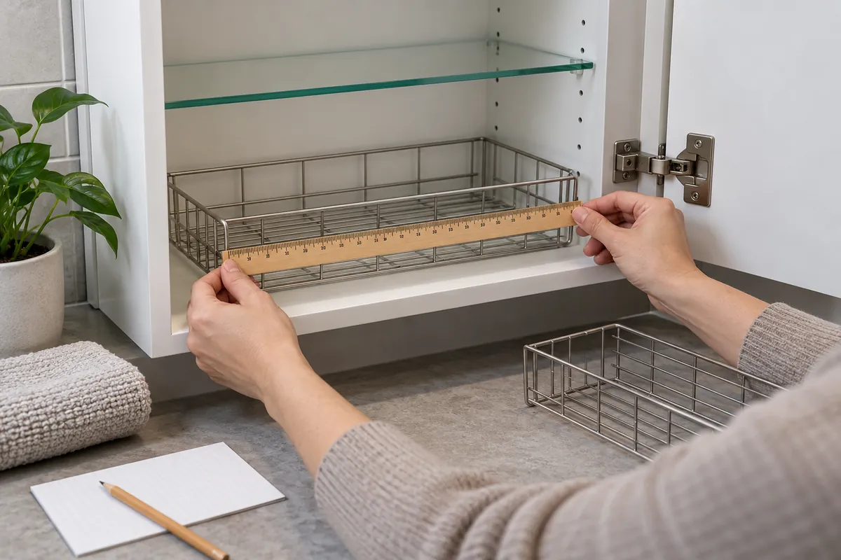 A buyer measures clear interior width, usable depth and door clearance around a generic cabinet organizer sample