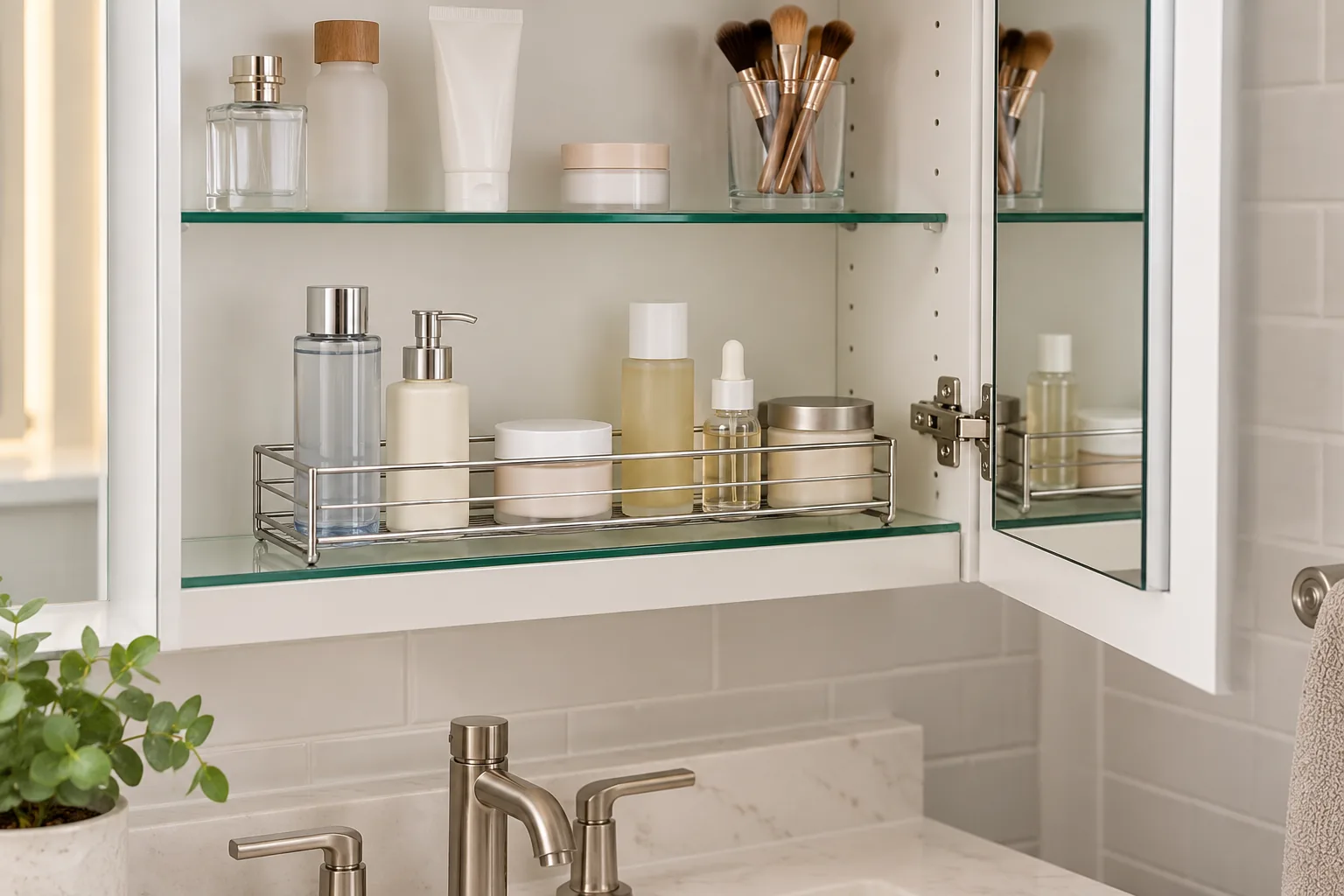 A generic shallow metal organizer insert is checked inside an open bathroom medicine cabinet before SKU approval